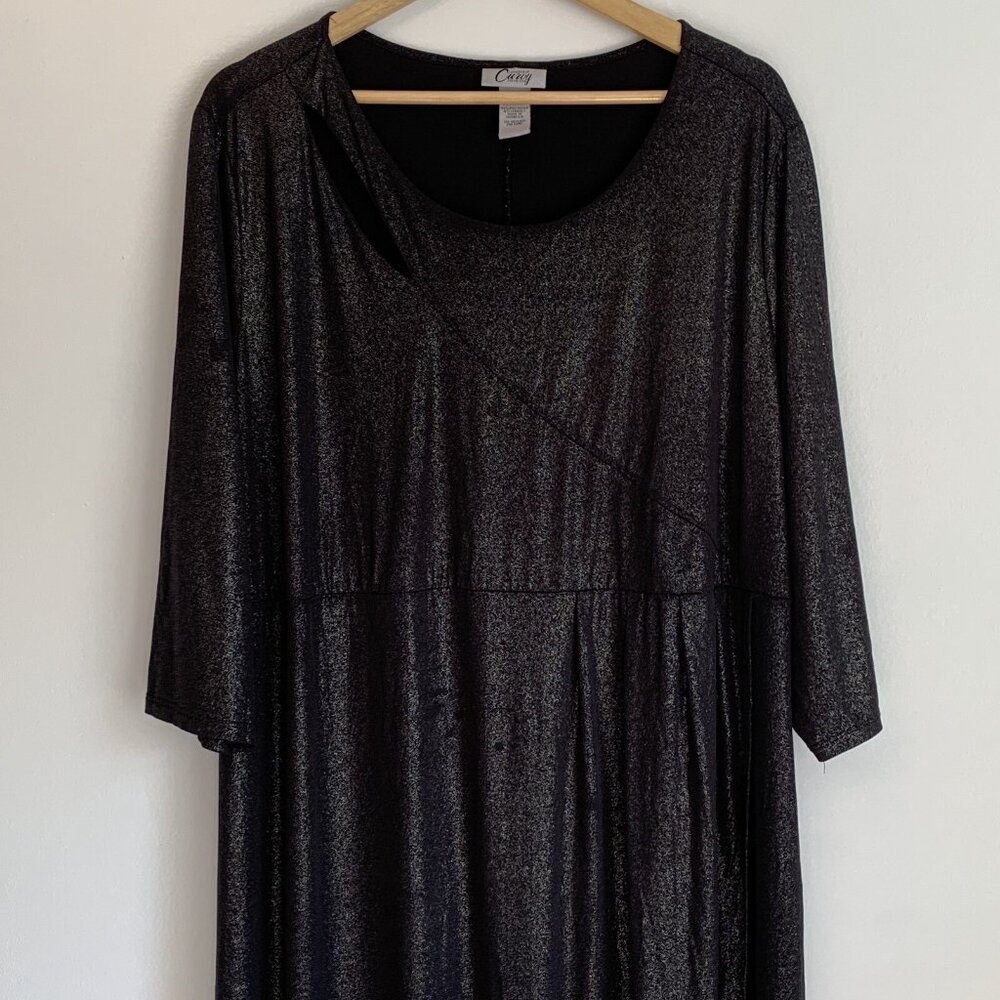 Catherines Asymmetrical Black Metallic Dress Size 3X Holiday 3/4 Sleeve Cocktail - Picture 3 of 9